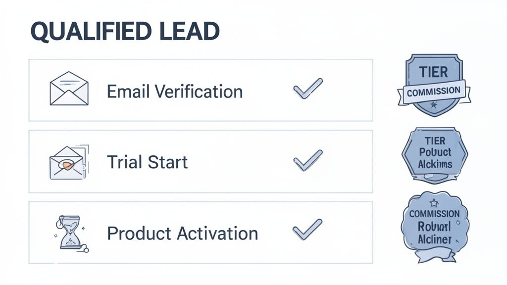 Infographic showing a qualified lead process with email verification, trial start, product activation, and commission badges.