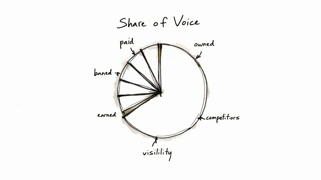 A person pointing to a pie chart on a screen, symbolizing share of voice