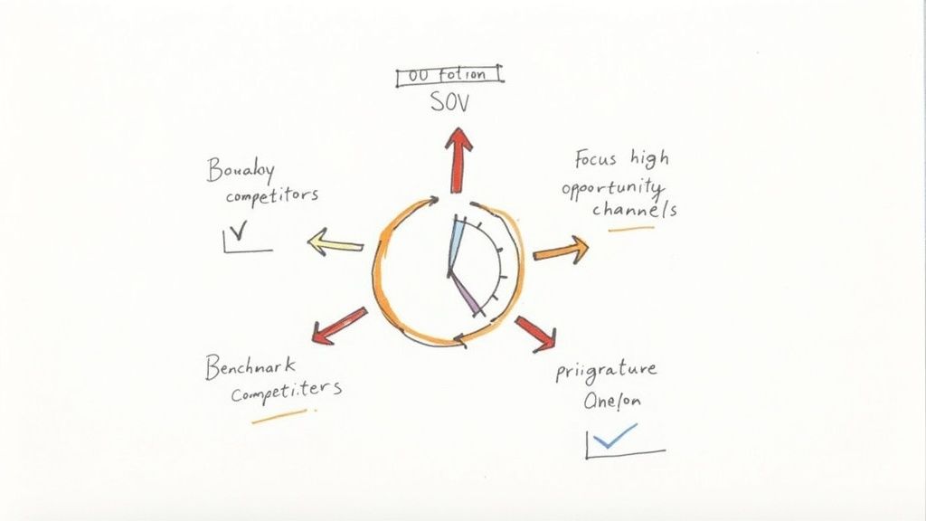 Handwritten diagram illustrating a circular strategic cycle with SOV, competitors, and opportunity channels.