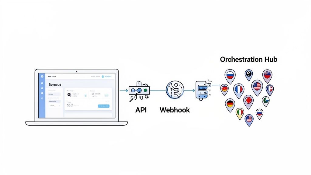 Diagram of a laptop connecting via API and Webhook to an Orchestration Hub with international country flags.