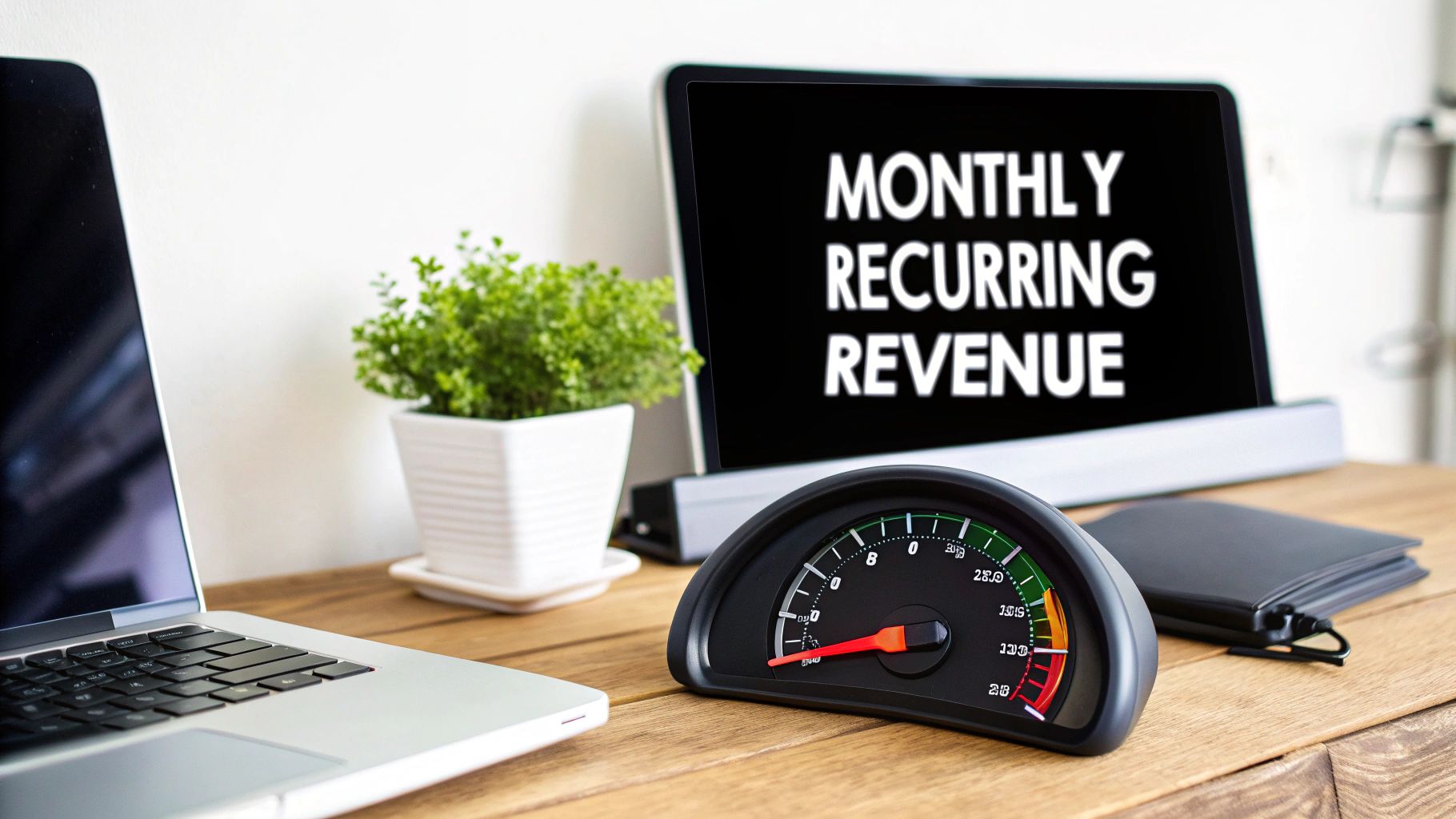 A desk setup with a laptop, a plant, and a tablet showing 'MONTHLY RECURRING REVENUE' alongside a financial gauge.