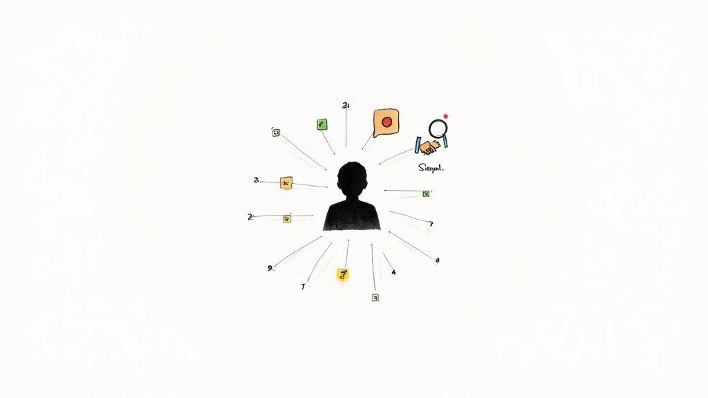 A central figure surrounded by icons and numbers, illustrating tracking social media mentions or signals.
