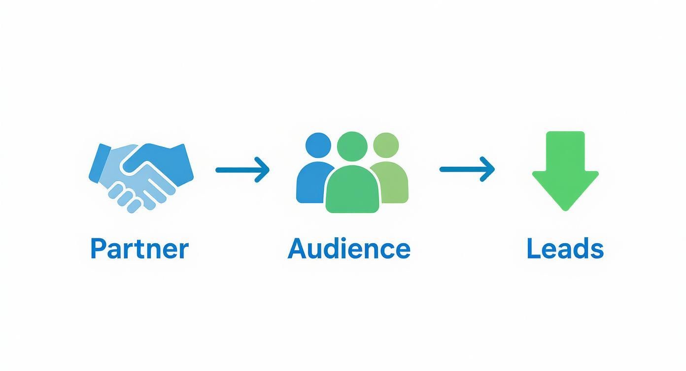 A diagram illustrating the process from Partner to Audience to Leads, using icons for handshake, people, and a downward arrow.