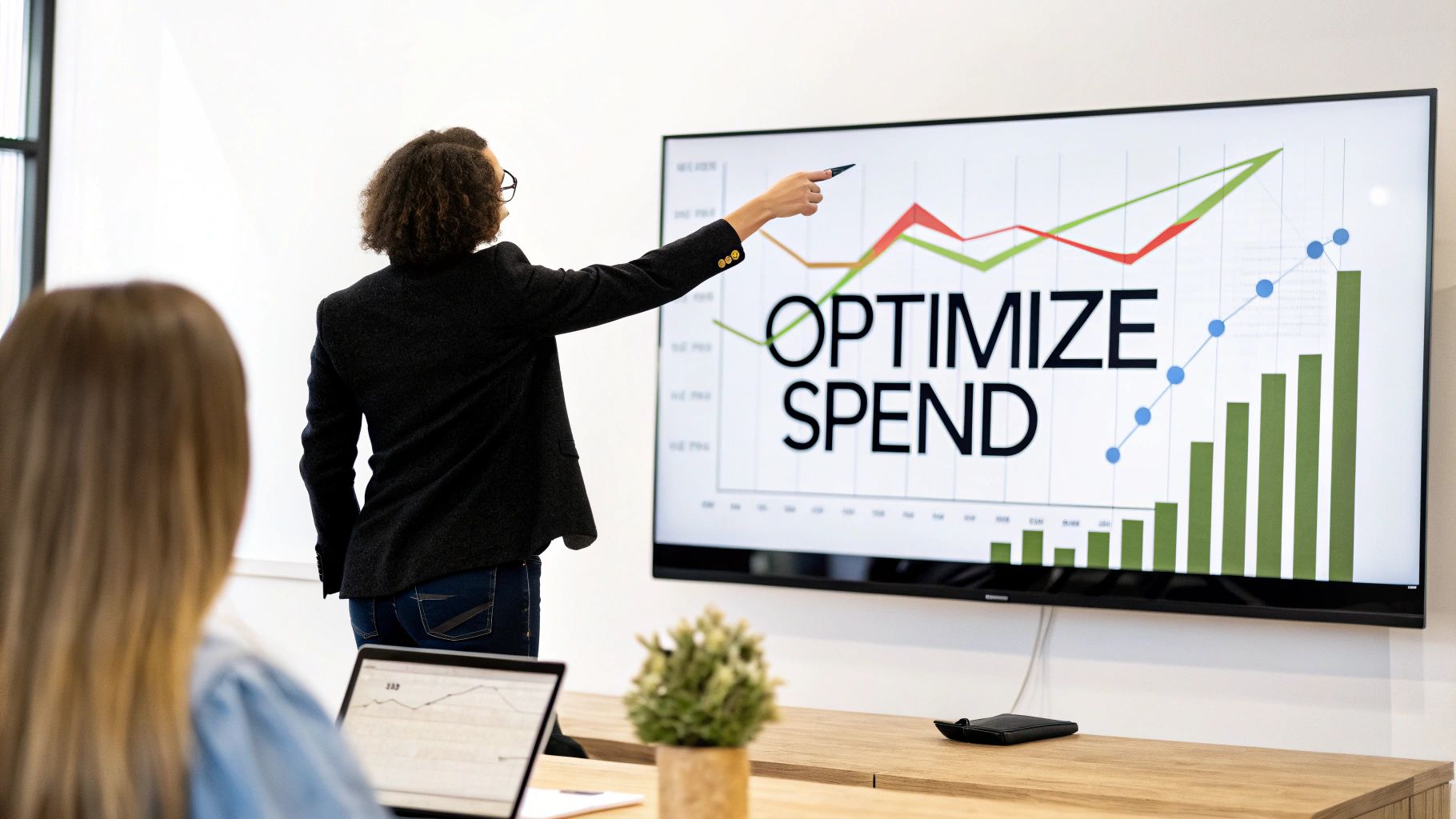Person points at a screen displaying 'OPTIMIZE SPEND' graph during a business presentation.