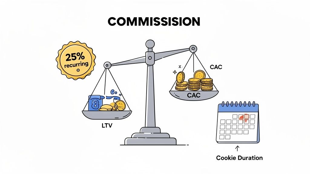 A scale balances LTV (25% recurring) with CAC, illustrating commission factors like cookie duration.