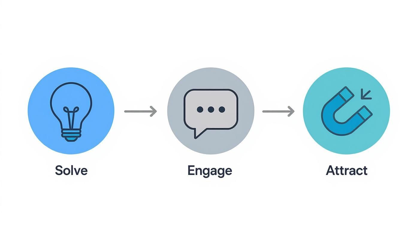 Diagram showing a three-step process with icons: Solve (lightbulb), Engage (speech bubble), Attract (magnet).