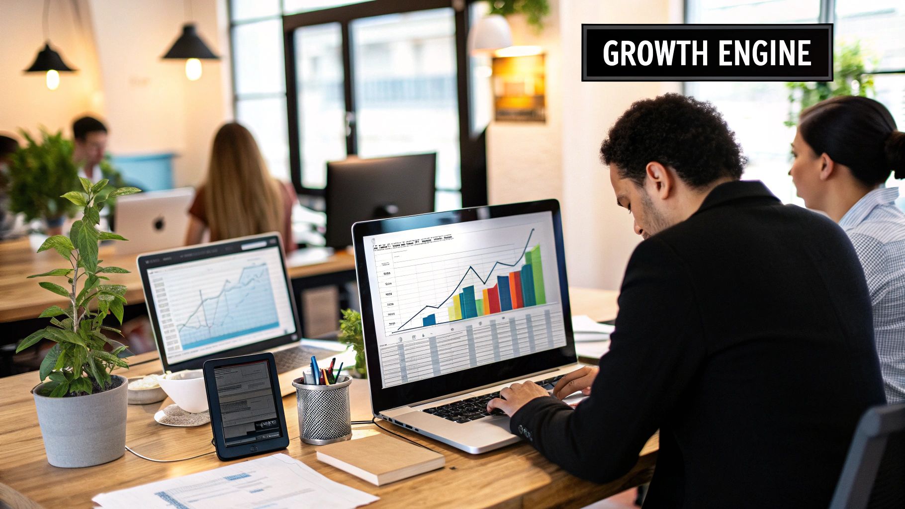 A laptop showing affiliate program growth charts with people collaborating around it.