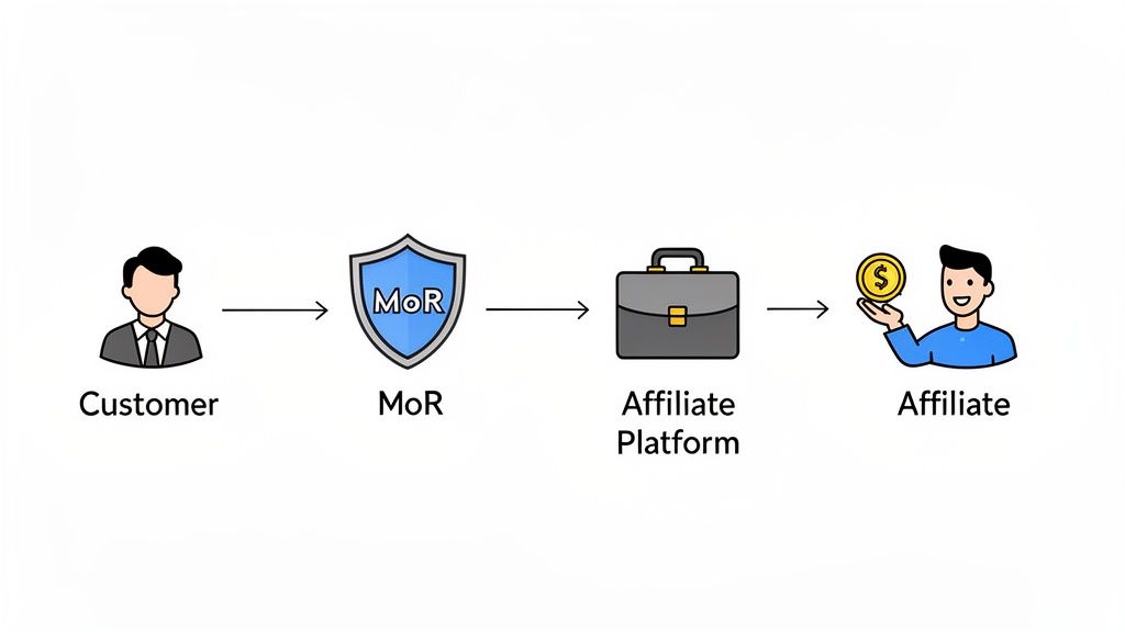 Workflow diagram detailing customer interaction with MoR, affiliate platform, and affiliate payment.