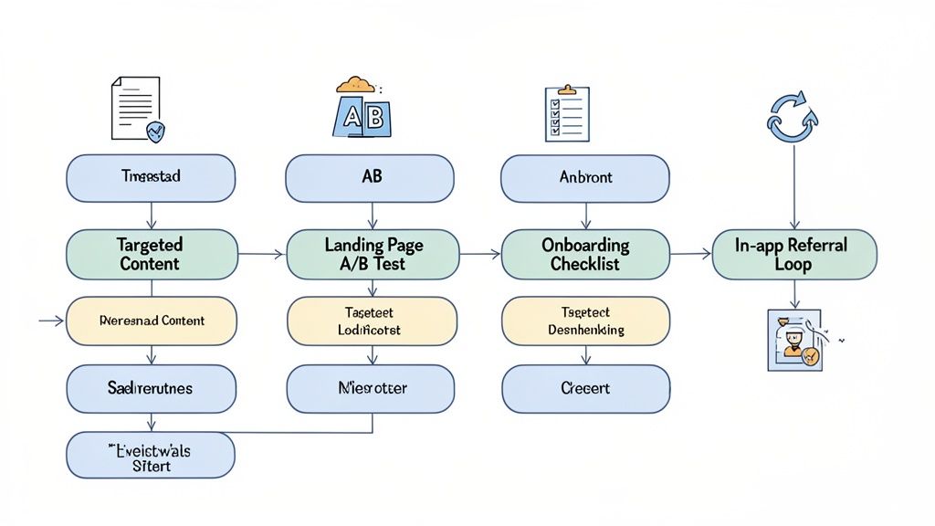 Flowchart detailing customer acquisition, onboarding, and in-app referral loop processes.