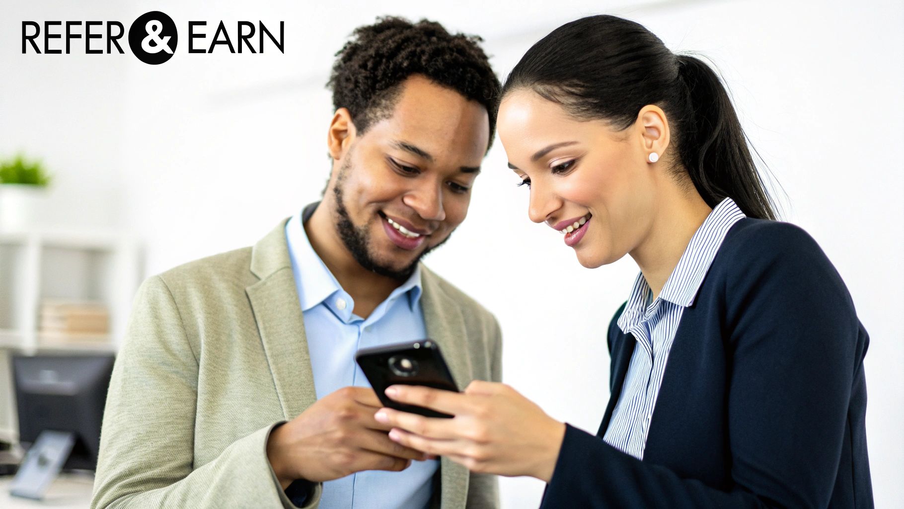 Two smiling professionals, a man and a woman, looking at a smartphone, illustrating a refer and earn program.