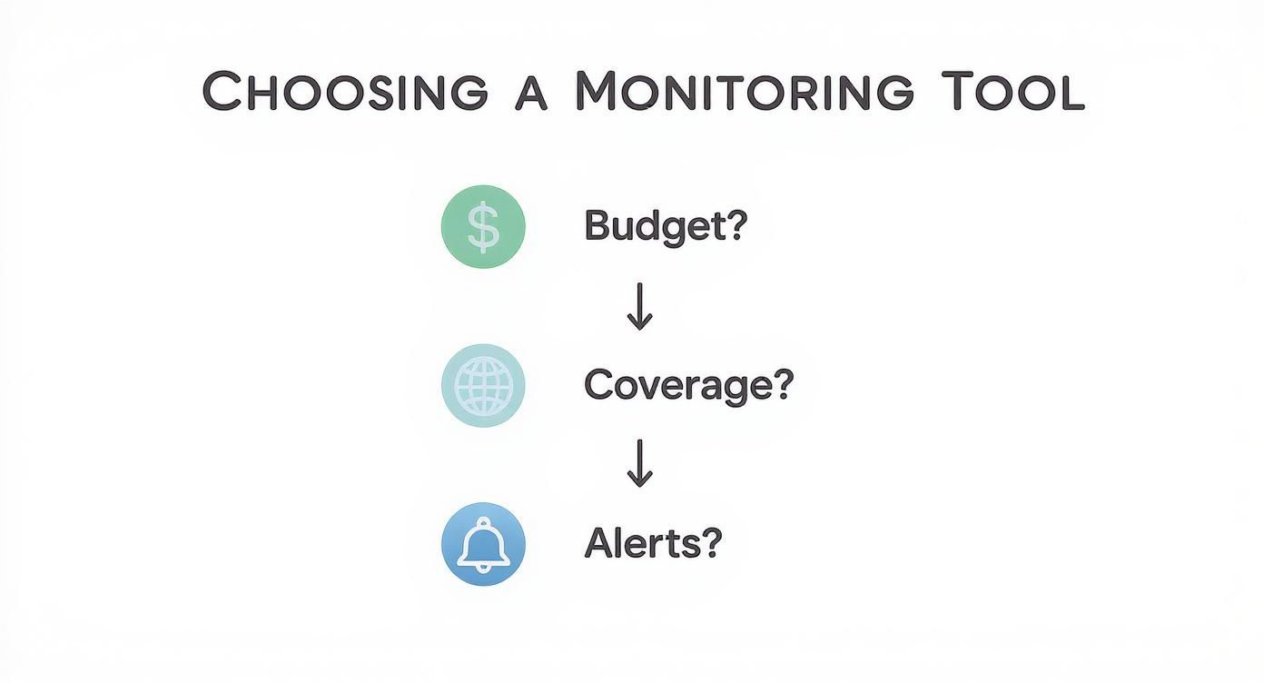 Flowchart showing three steps for choosing a monitoring tool: budget, coverage, and alerts
