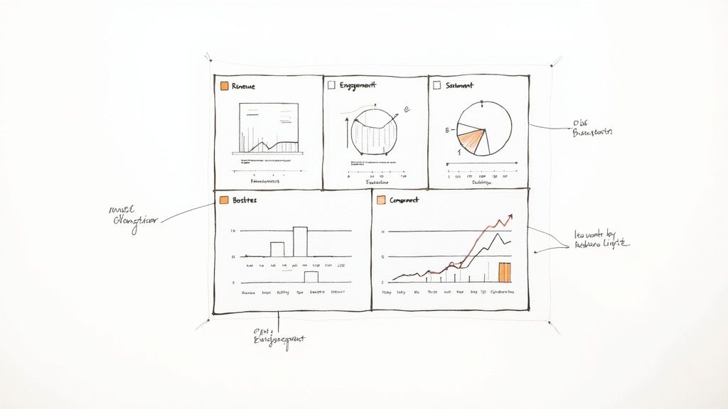 Hand-drawn sketch of a social media analytics dashboard showing various charts for revenue, engagement, and sentiment.