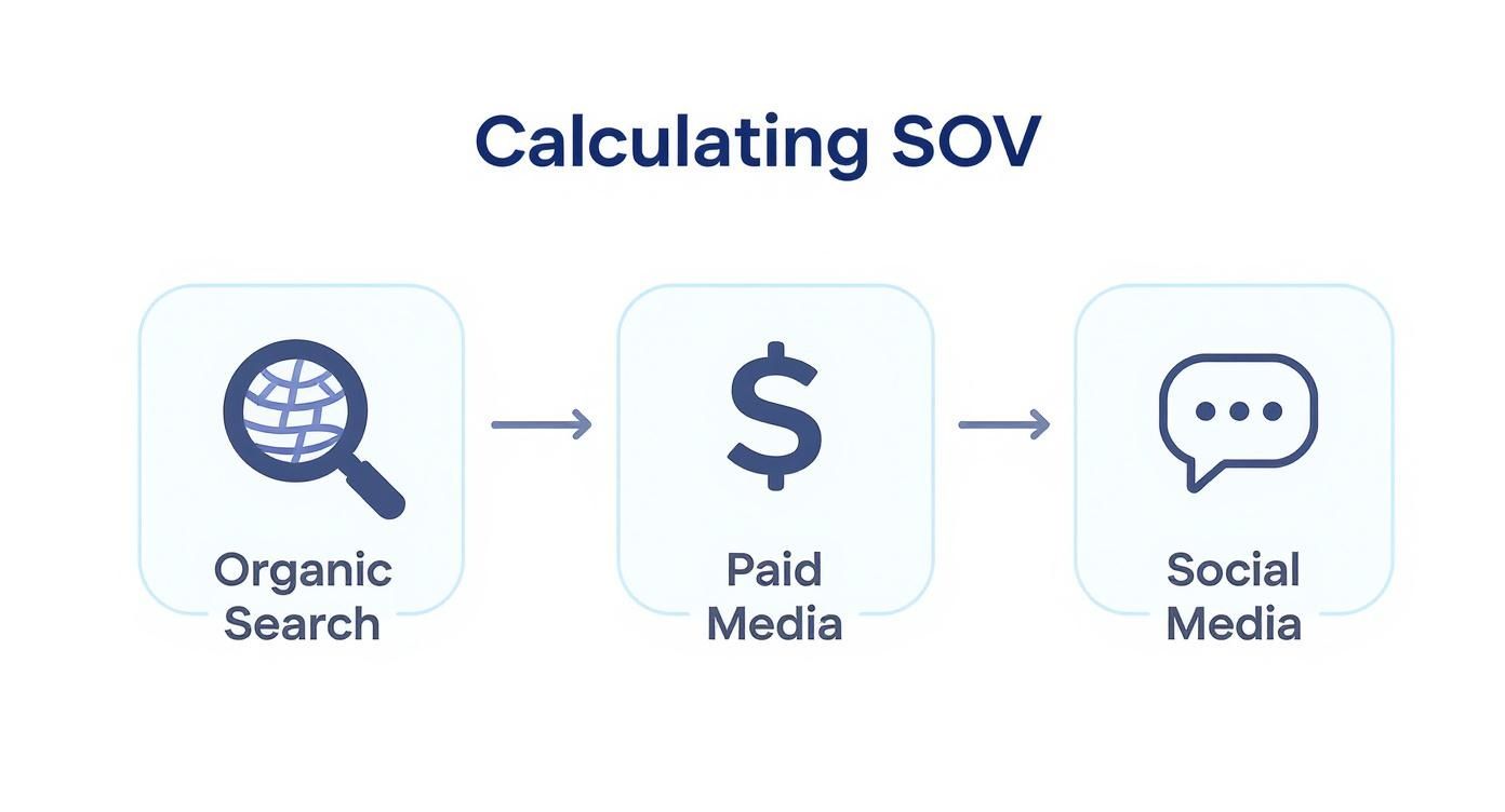 A flowchart illustrating the calculation of Share of Voice (SOV) through organic search, paid media, and social media.