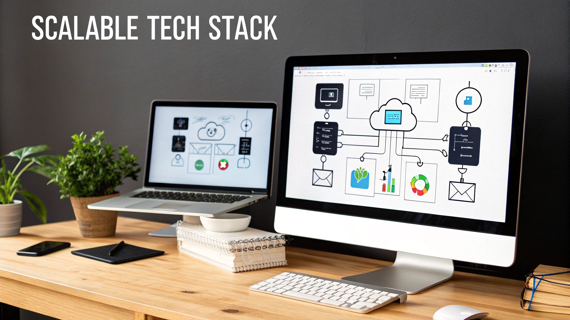 A modern office desk with two screens displaying a scalable cloud tech stack diagram.