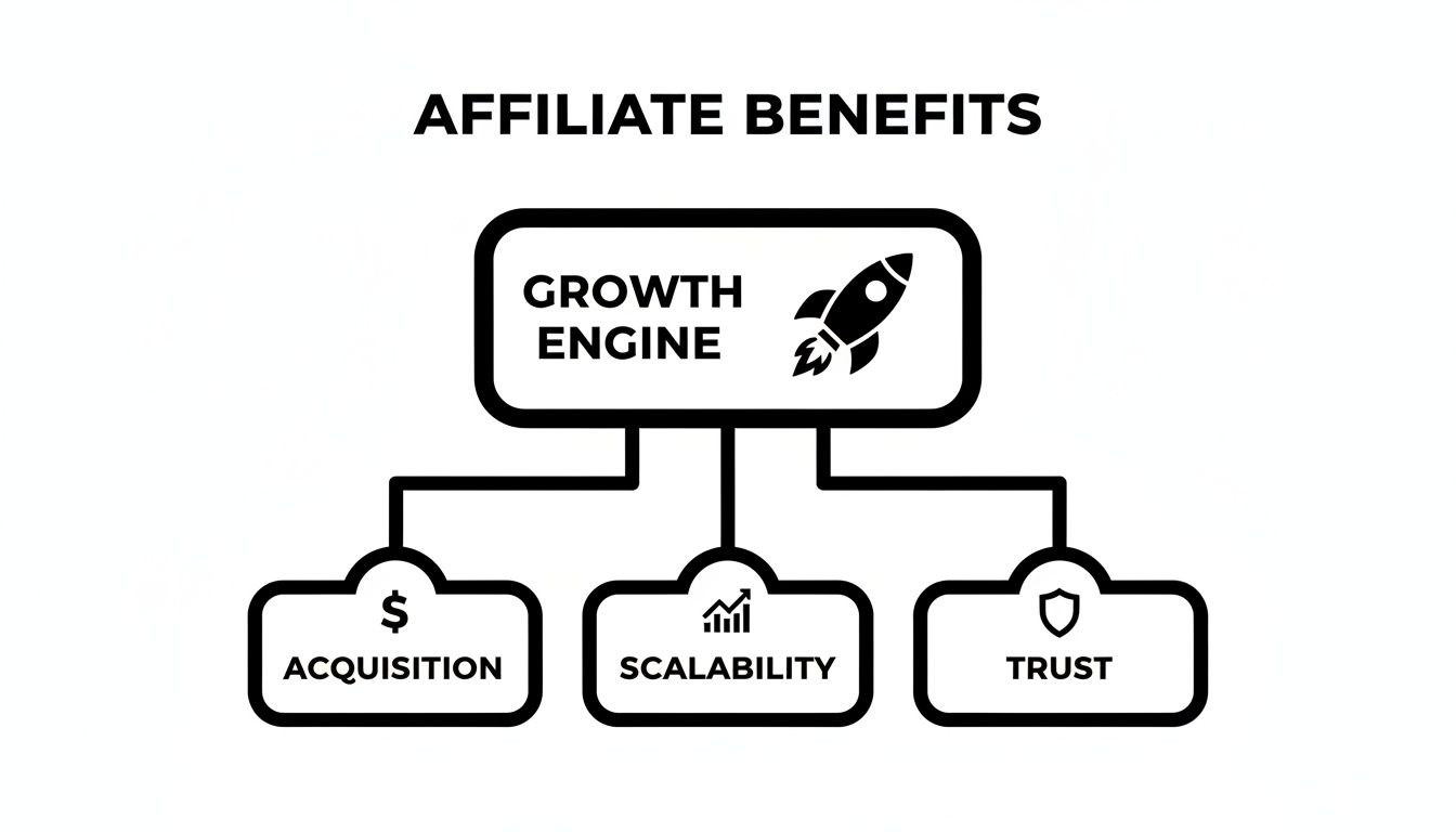 A diagram illustrating affiliate benefits: a growth engine drives acquisition, scalability, and trust for businesses.