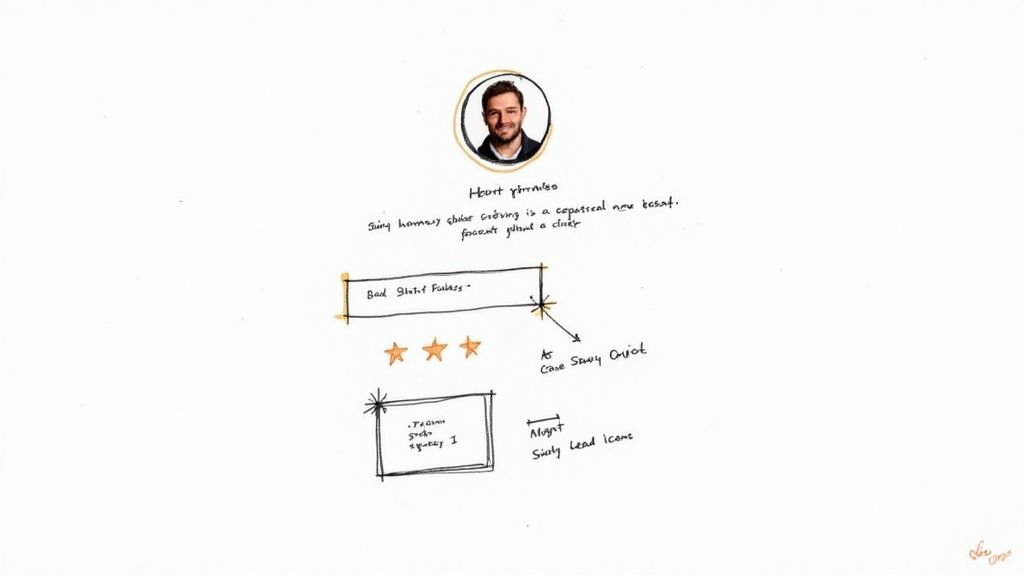 A hand-drawn sketch featuring a profile photo, illegible notes, rating stars, and conceptual UI elements.
