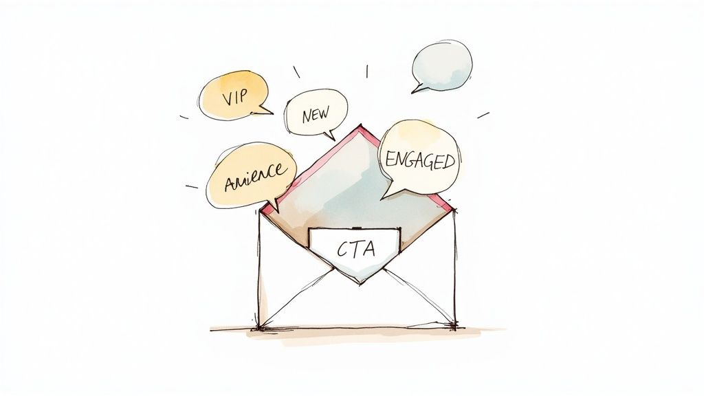 A watercolor illustration of an open envelope with "CTA" inside, surrounded by speech bubbles with "VIP", "NEW", "Audience", and "ENGAGED".
