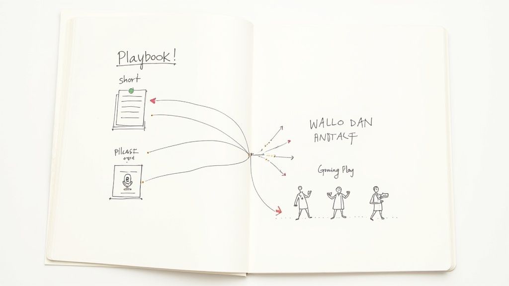 Hand-drawn playbook diagram showing strategy flow from short pillcases to gaming play execution with stick figures