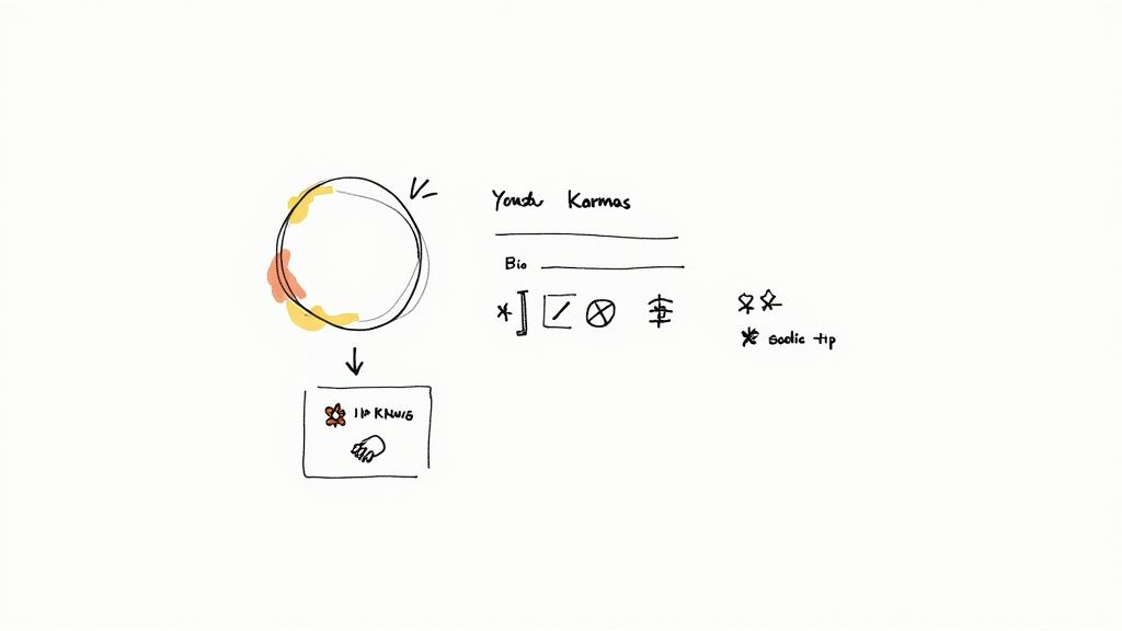 Conceptual hand-drawn diagram featuring a profile circle, name 'Youdi Karmas', bio, and symbols.
