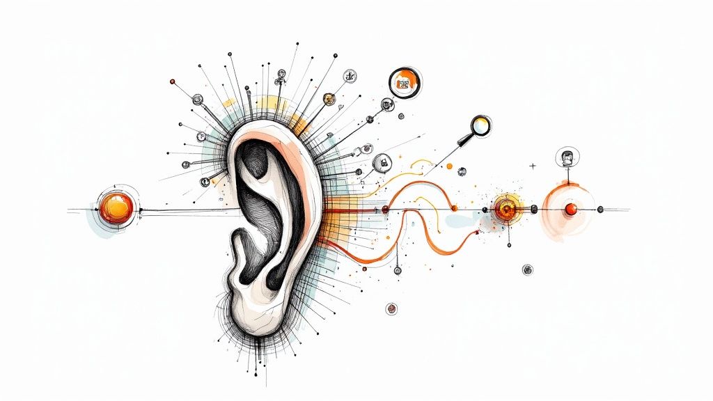 A person analyzing social media data on multiple screens, representing social listening