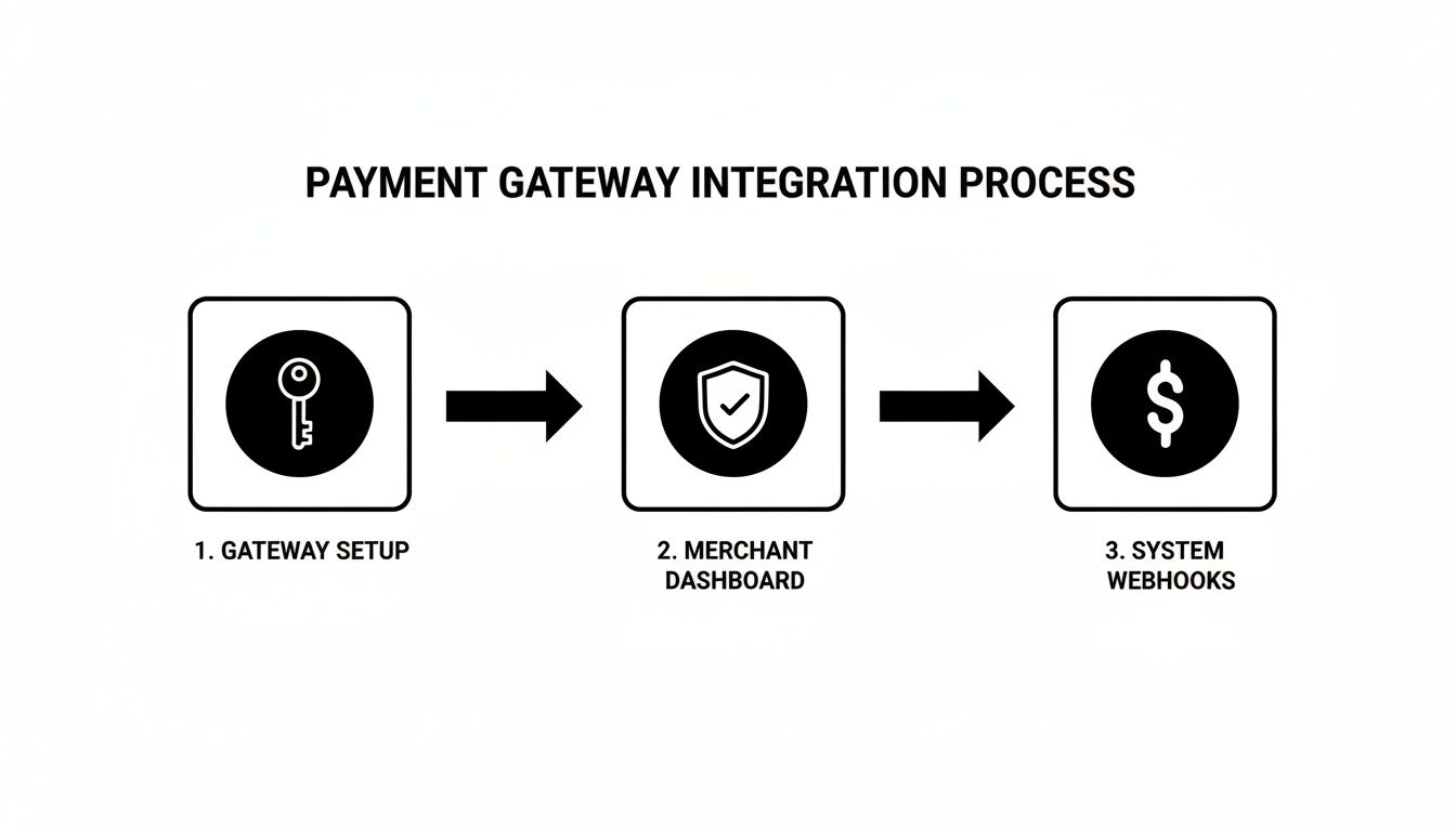 A diagram illustrating the payment gateway integration process, showing steps like Gateway Setup, Merchant Dashboard, and System Webhooks.