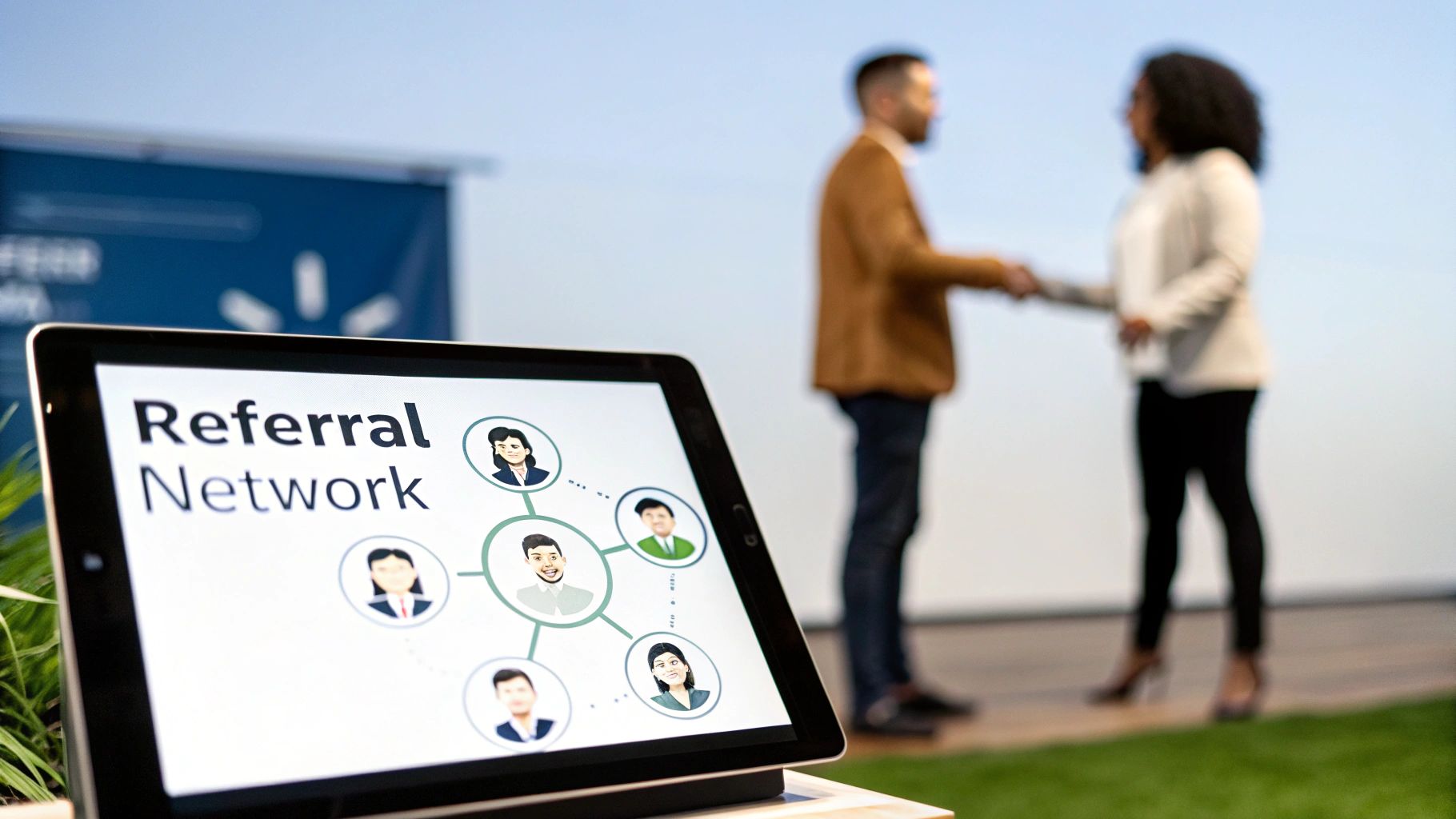 A tablet displays a 'Referral Network' diagram with avatars, as two business people shake hands in the background.