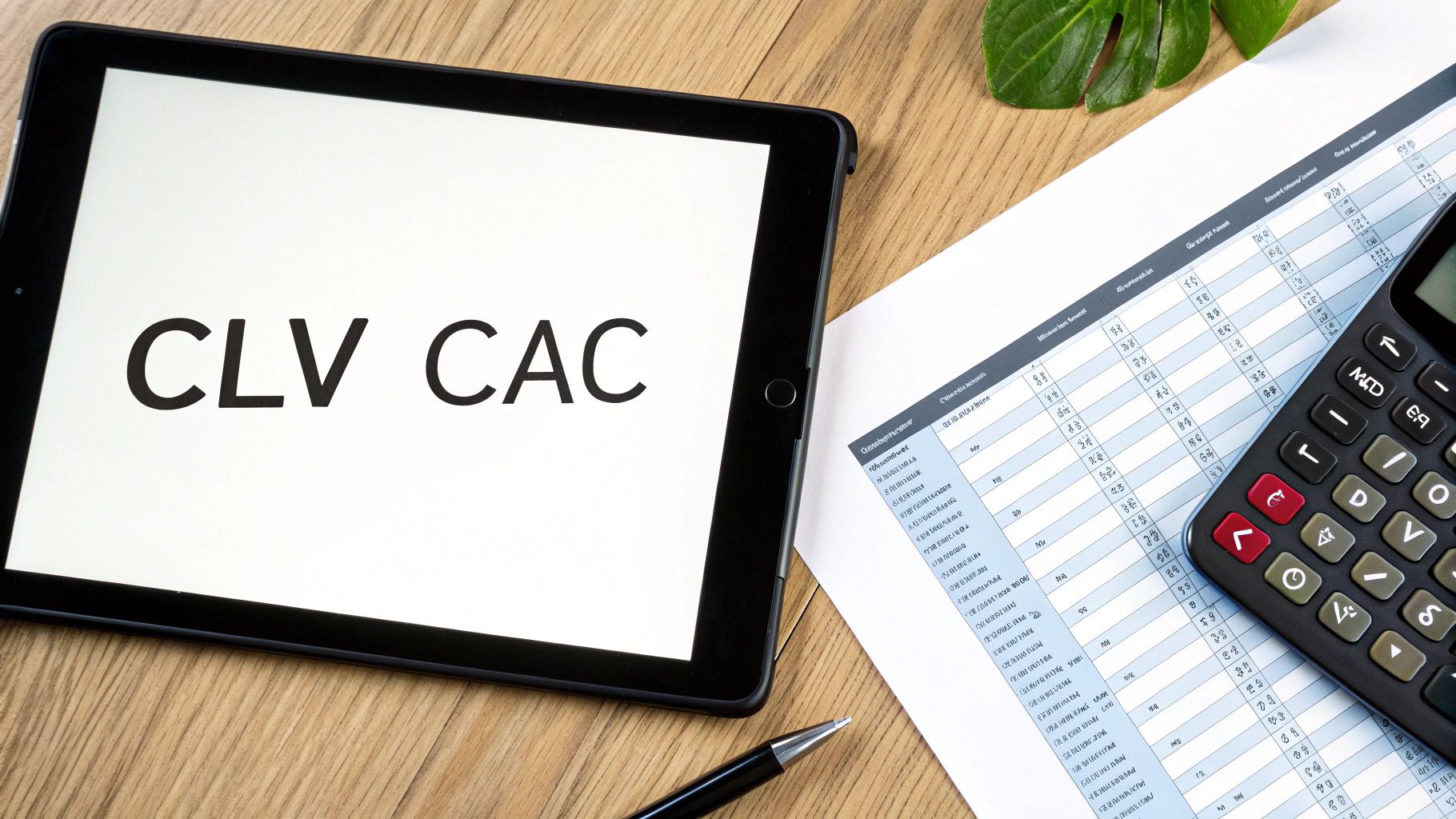 Tablet displaying 'CLV CAC' next to a calculator, pen, and spreadsheet on a wooden desk.