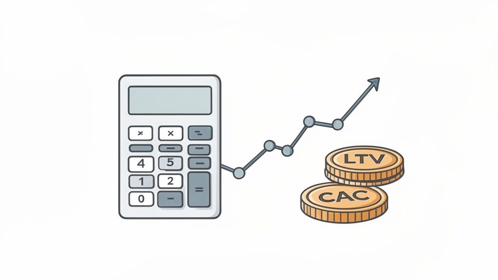 An illustration showing a calculator, a rising graph, and coins representing Customer Lifetime Value (LTV) and Customer Acquisition Cost (CAC).