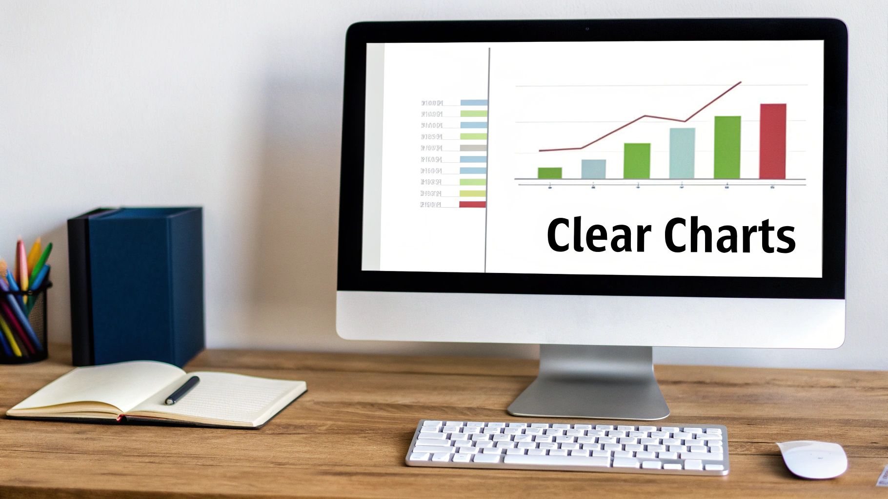 A monitor displays 'Clear Charts' with a bar and line graph on a wooden desk with office supplies.