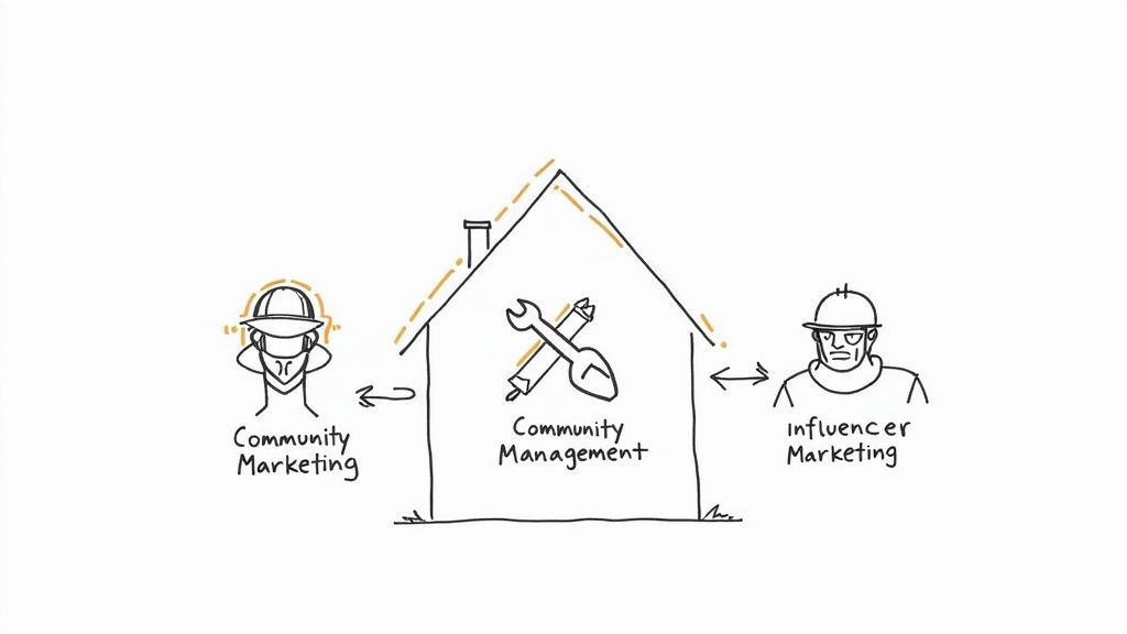 Diagram showing Community Management as a central house connected to Community Marketing and Influencer Marketing.