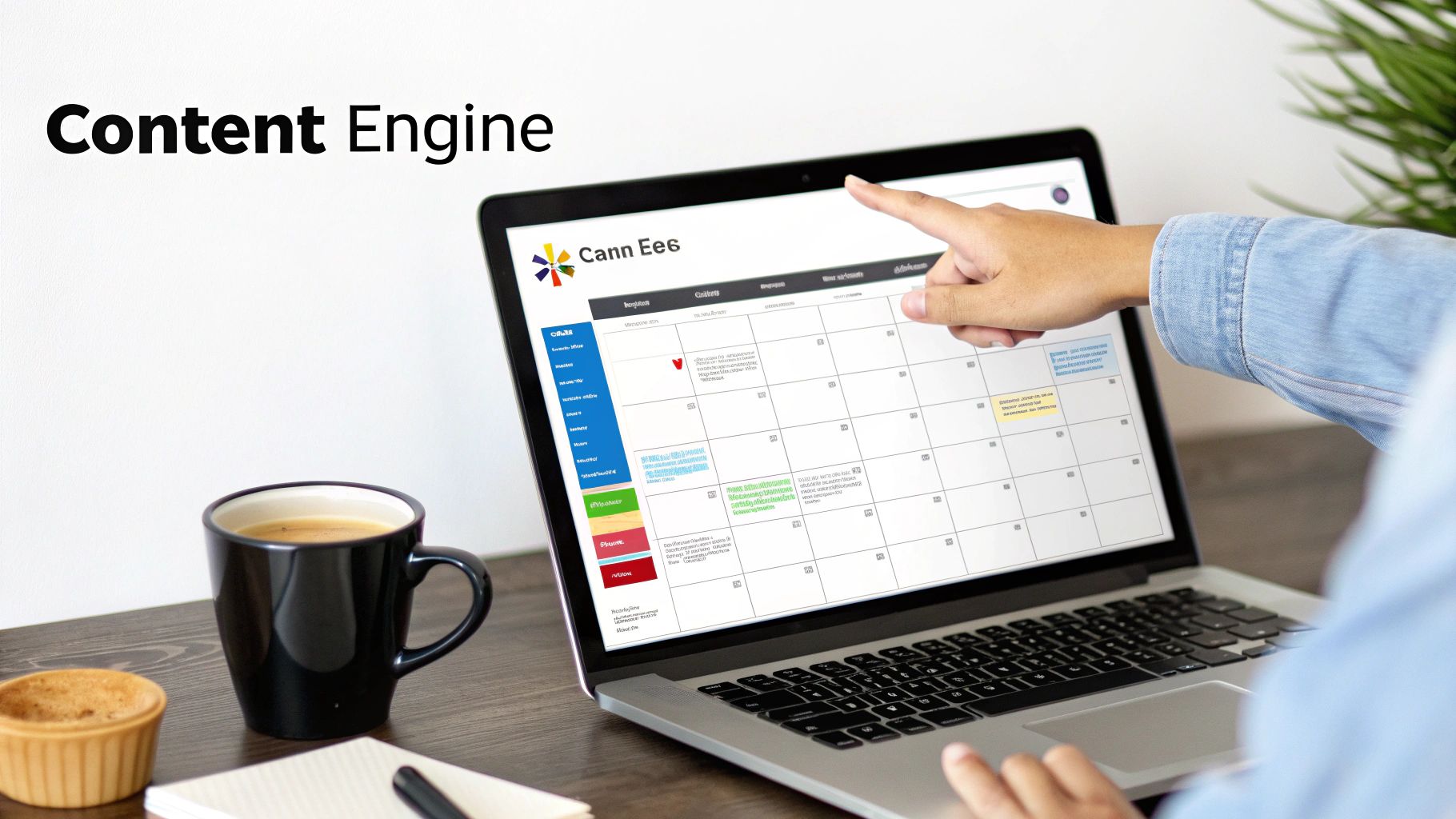 A person points at a laptop displaying a content calendar, with 'Content Engine' on the wall.
