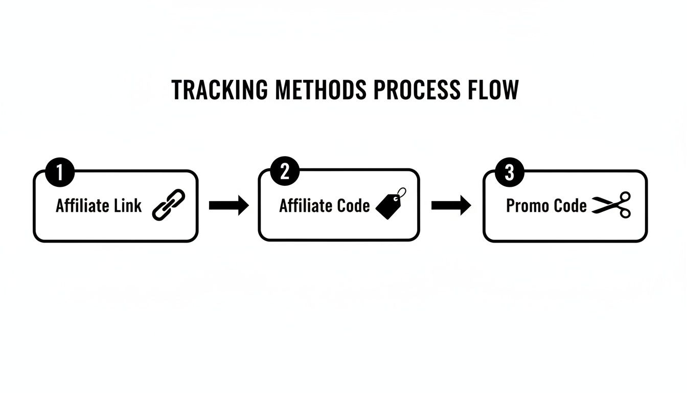 A process flow diagram illustrating three tracking methods: affiliate link, affiliate code, and promo code.