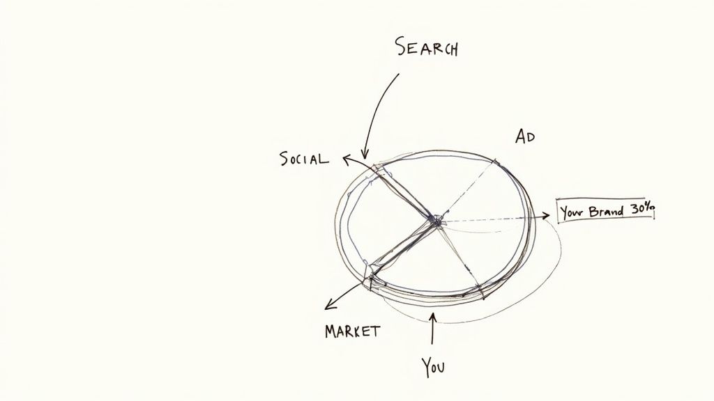 Hand-drawn pie chart illustrating brand market share, showing 'Your Brand 30%' among search, social, ad, market, and you segments.