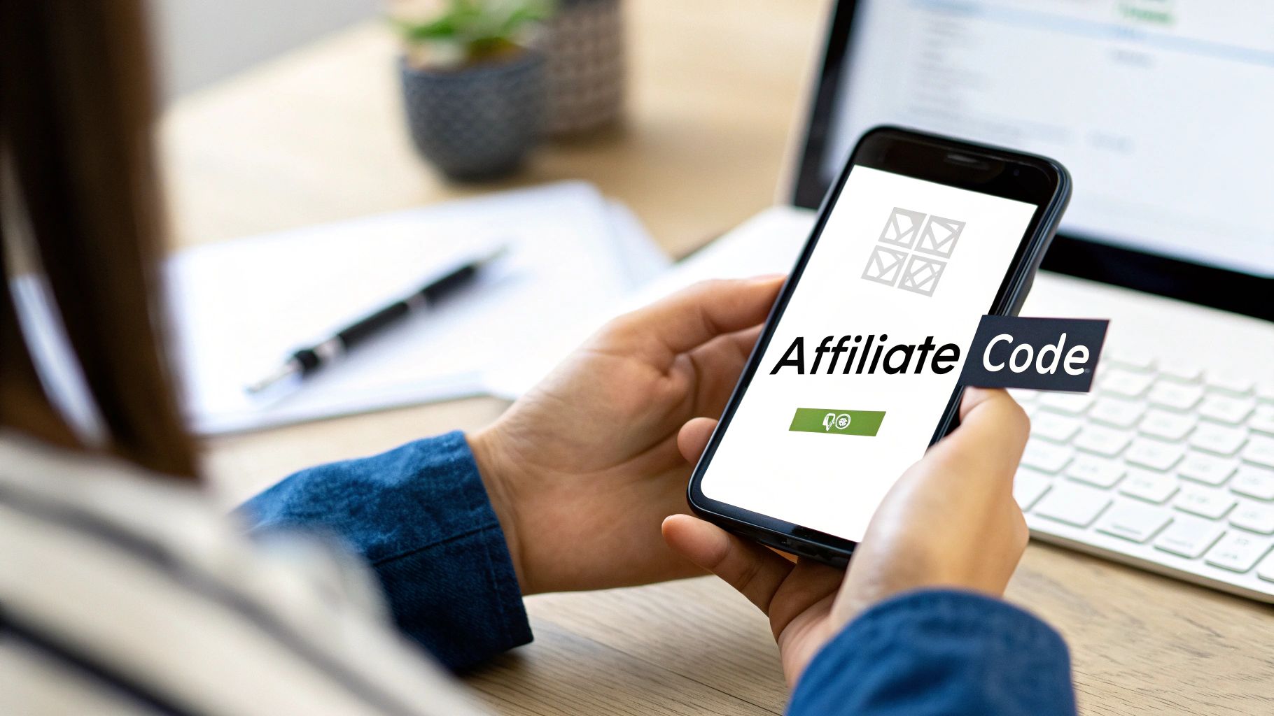 A person holds a smartphone displaying 'Affiliate Code' on the screen, with a laptop and notebook nearby.