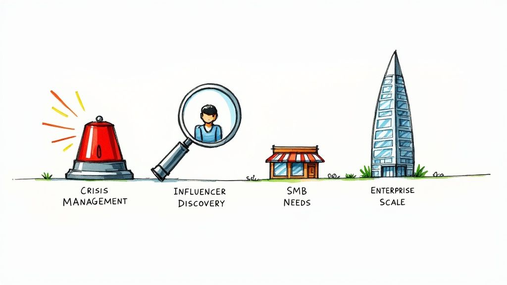 A visual representation of key business needs: crisis management, influencer discovery, SMB, and enterprise scale.