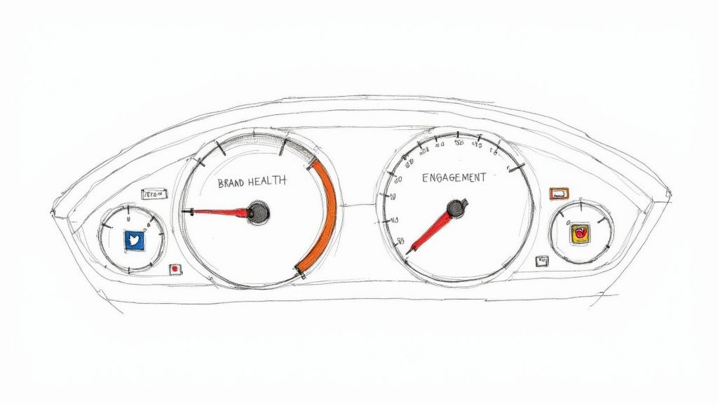 A hand-drawn car dashboard displaying Brand Health and Engagement gauges with social media icons.