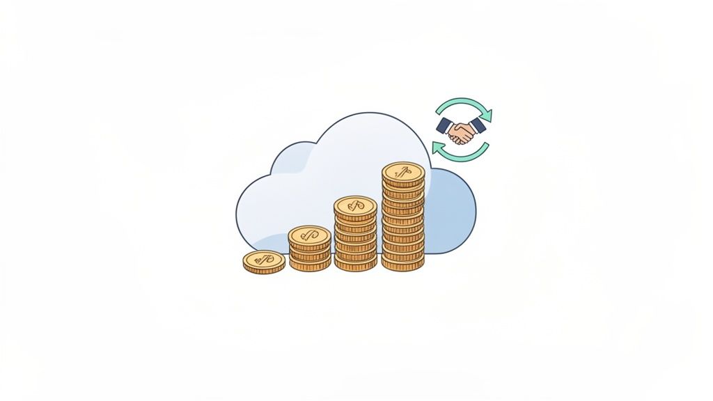 Stacks of coins representing financial growth with a cloud and a recurring handshake deal.