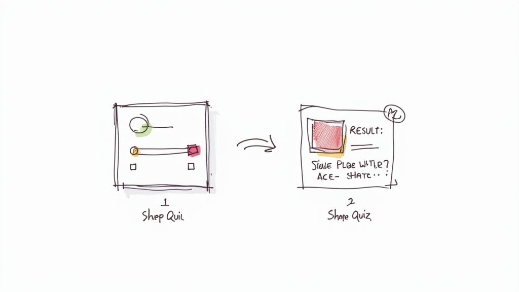 Hand-drawn wireframes illustrate a two-step shape quiz application interface, showing input controls and then results.
