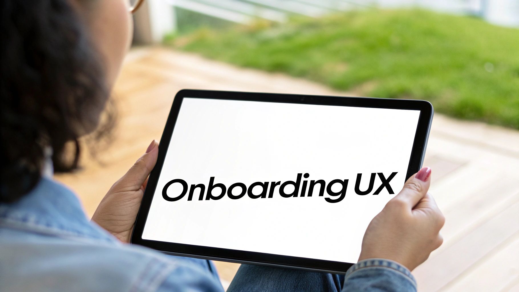 Person interacting with a user interface design on a screen, representing onboarding UX