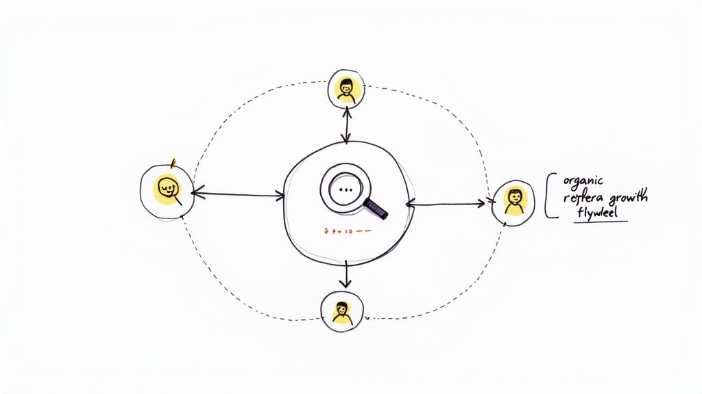 A visual metaphor showing a flywheel gaining momentum, representing organic and referral growth.