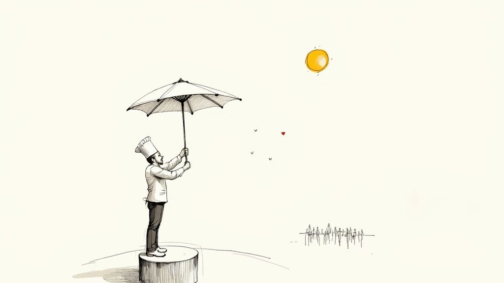 An illustration of a chef on a platform, holding an umbrella towards a glowing sun and floating heart.