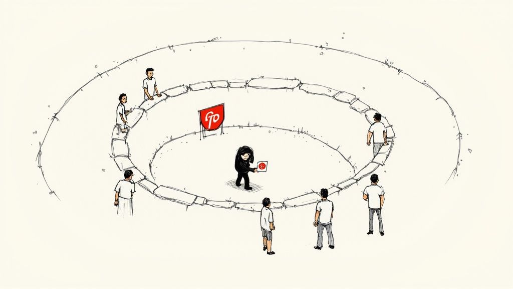 A person cautiously navigating a maze of red downvote arrows and angry emojis, representing the risks of bad Reddit marketing.