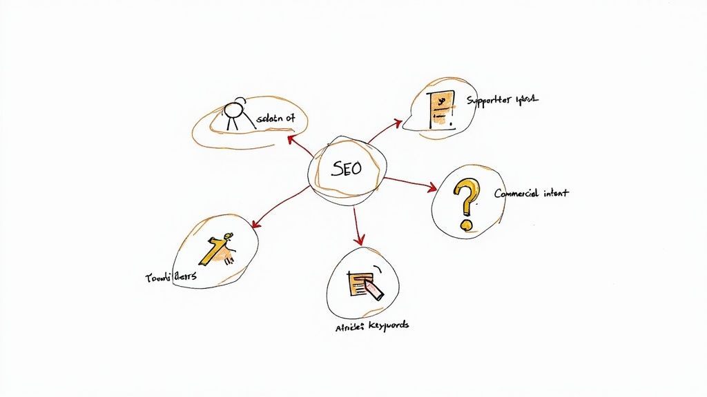 A hand-drawn mind map illustrating SEO concepts including supporter ideas, commercial intent, and article keywords.