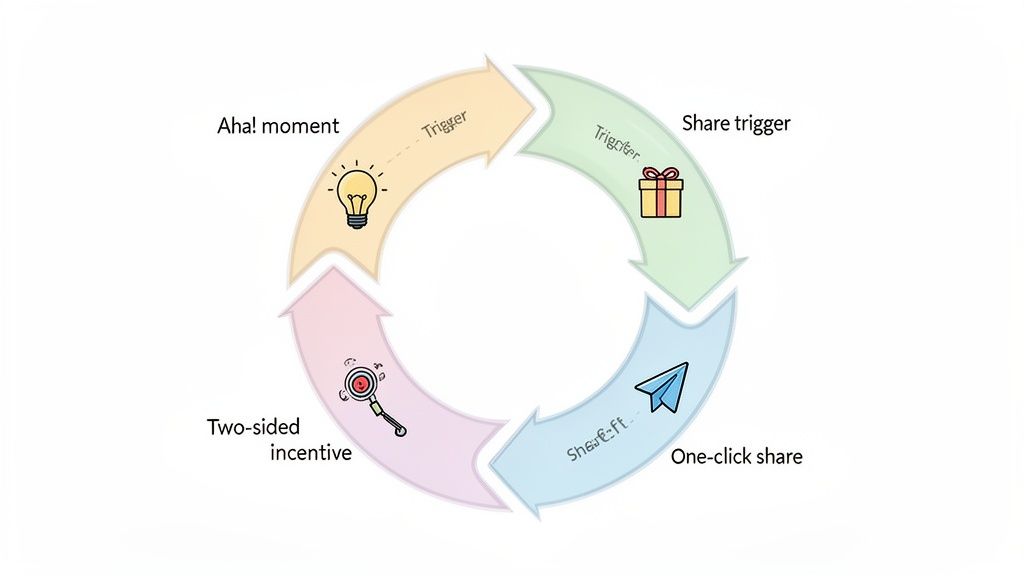 A diagram illustrating a four-step viral loop with aha moment, share trigger, one-click, and two-sided incentive.