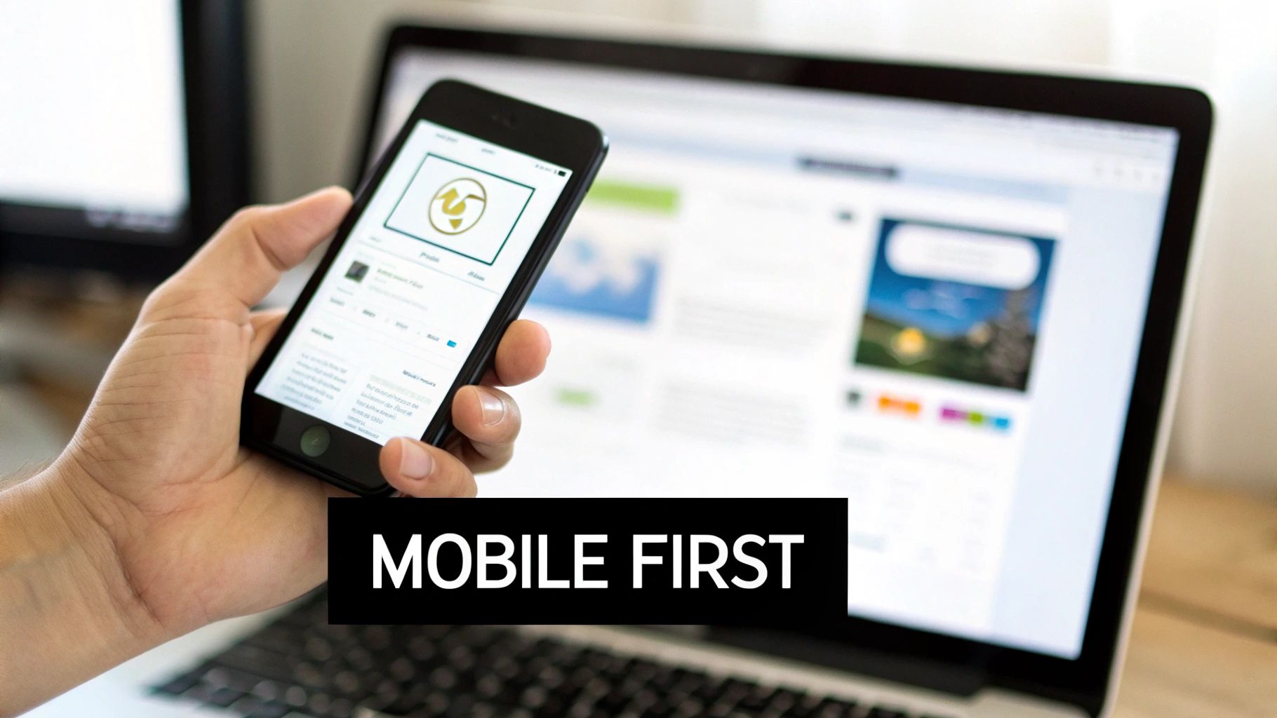 Hand holding smartphone displaying a dashboard app, next to a laptop with a web interface, promoting 'MOBILE FIRST' design.
