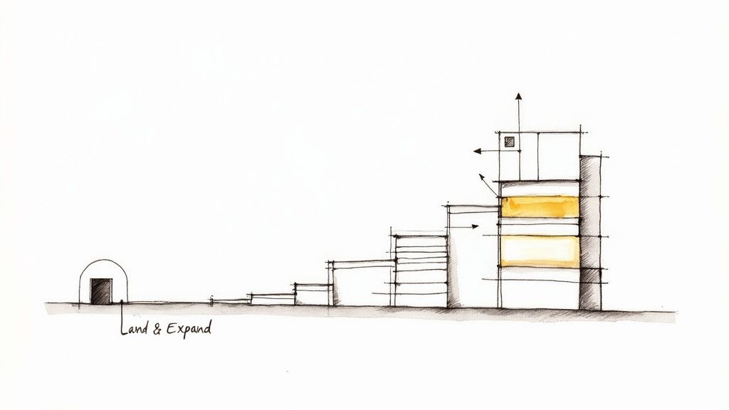 Hand-drawn architectural diagram illustrating the 'Land & Expand' business strategy for progressive growth.
