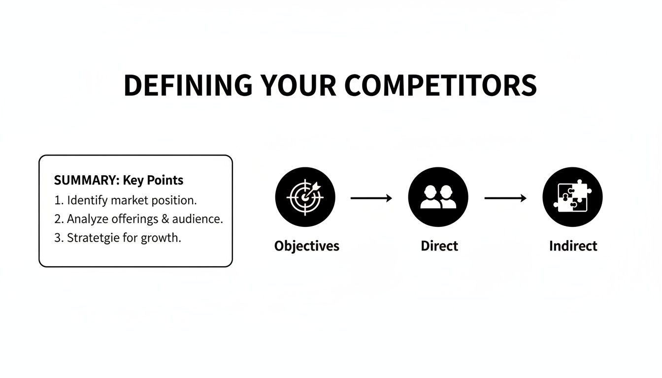 Slide illustrating defining competitors with key points, objectives, direct, and indirect competitor analysis.