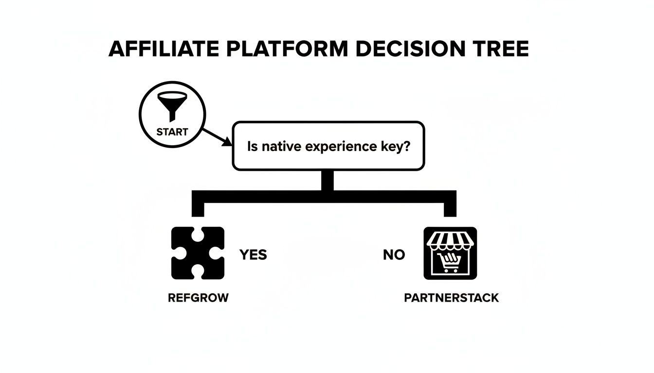 Decision tree for choosing an affiliate platform: Refgrow for native experience, Partnerstack otherwise.