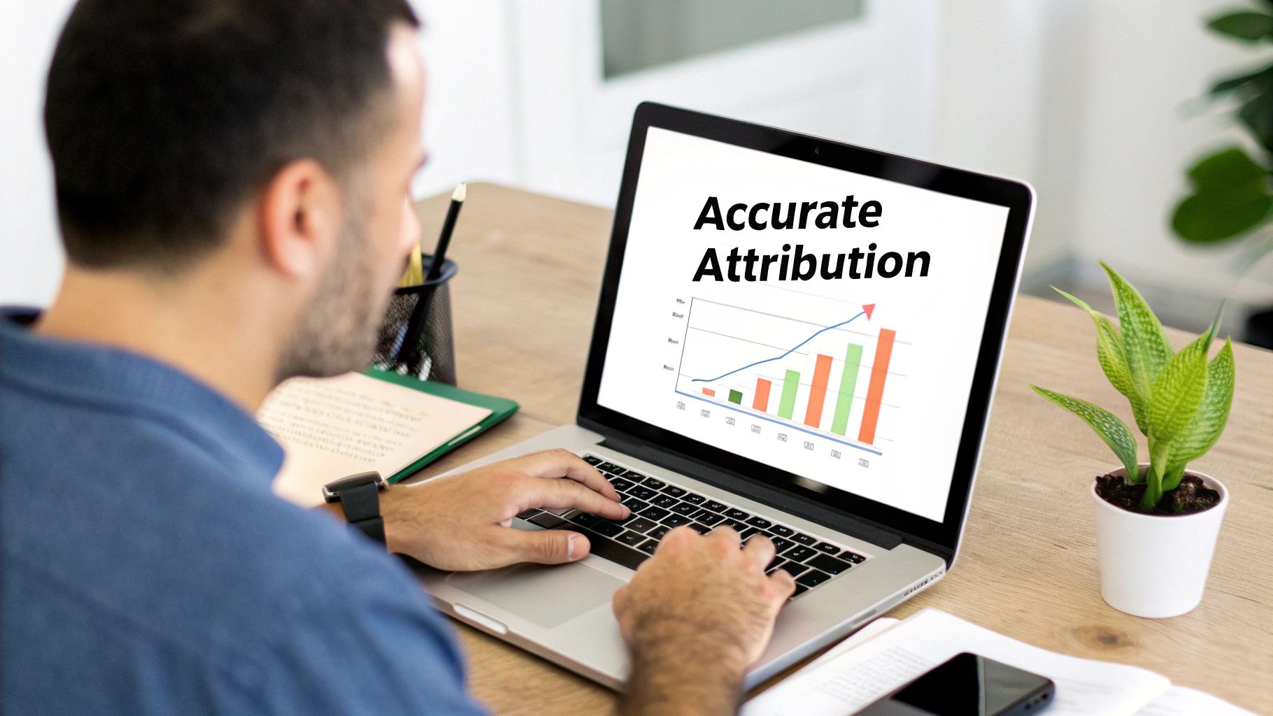 A man analyzes an 'Accurate Attribution' graph on his laptop, focusing on data for marketing analysis.