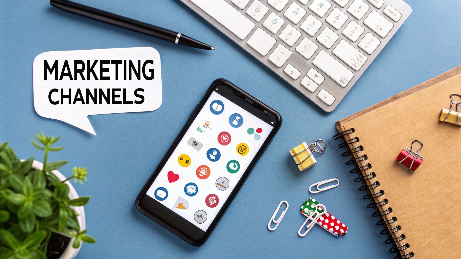 Several icons representing different marketing channels like social media, search, and email, arranged in a network.